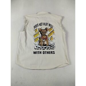 Biker Design Shirt Mens XL Beige Sleeveless Cutoff Dog Graphic Bikercore Moto